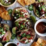Citrus Marinated Steak Tacos with Homemade Tortilla Chips & Guacamole