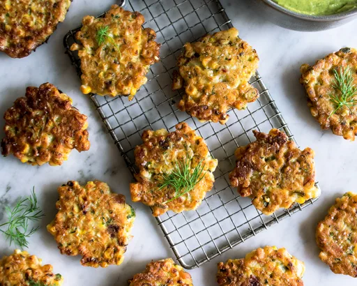 Corn & Peach Fritters with Jalapeño Avocado Crema