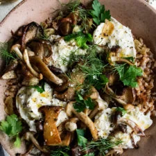 Brown Butter Farro with Mushrooms & Burrata