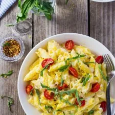 Creamy Corn Penne with Basil & Cherry Tomatoes (vegan)