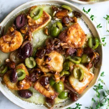 Pan-Fried Halloumi Cheese with Olives & Hazelnuts