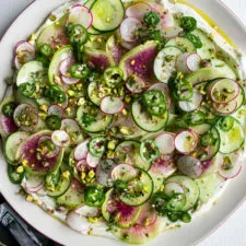 Cucumber Melon Radish Salad with Serrano Chive Vinaigrette