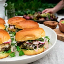Lamb Burgers with Pickled Shallots & Herb Sauce
