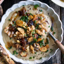 Roasted Garlic Parsnip Soup with Brown Butter Walnuts & Dates