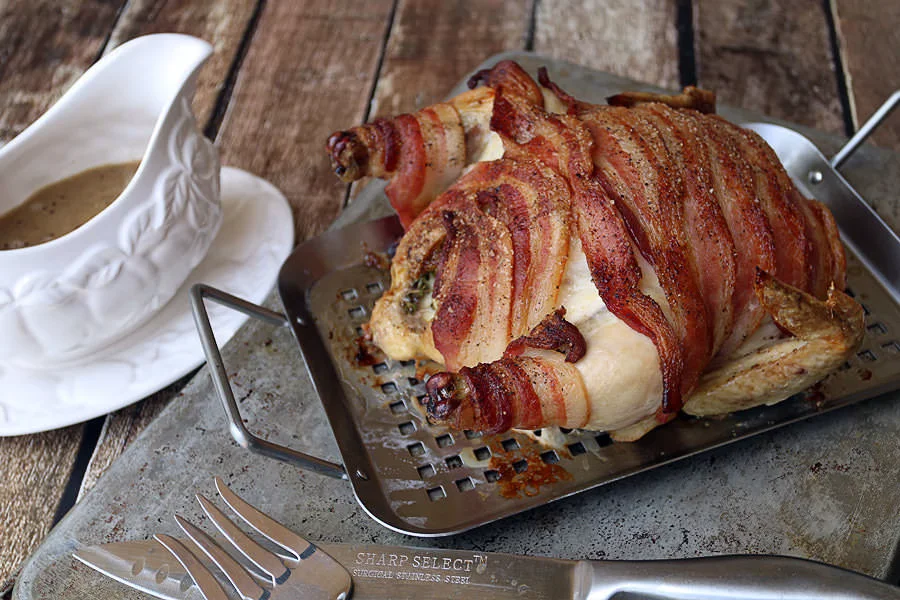 Bacon-Wrapped Roast Chicken with Pan Gravy