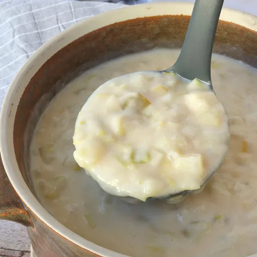 Sopa vegetariana de patata y puerro con queso