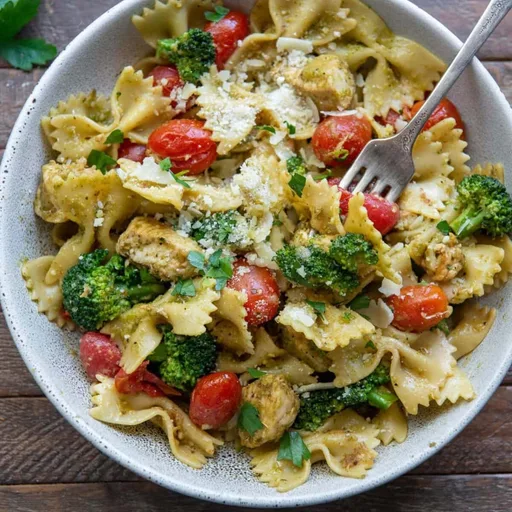 Pasta con pollo, pesto y brócoli