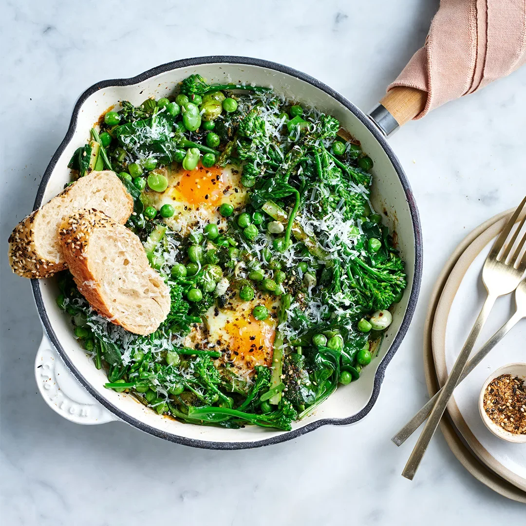 Spring greens, miso and furikake baked eggs