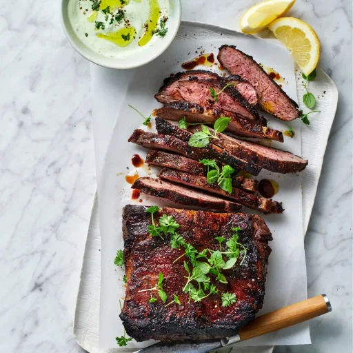 Pierna de cordero abierta a la barbacoa con fattoush verde y yogur de menta