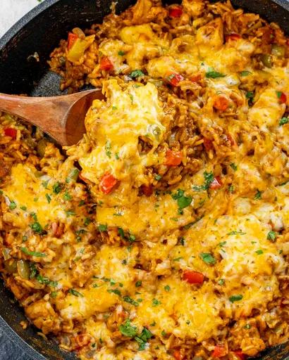 Arroz con pollo a la fajita en sartén