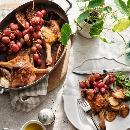 Pato estofado con uvas, patatas a la grasa de pato y berros