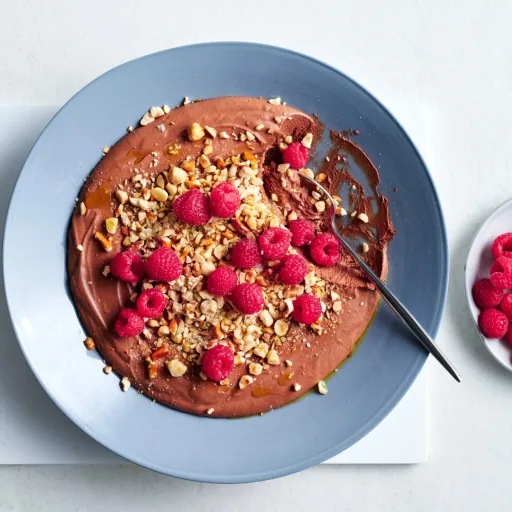 Quick dark chocolate mousse with olive oil and salted pretzel crumb