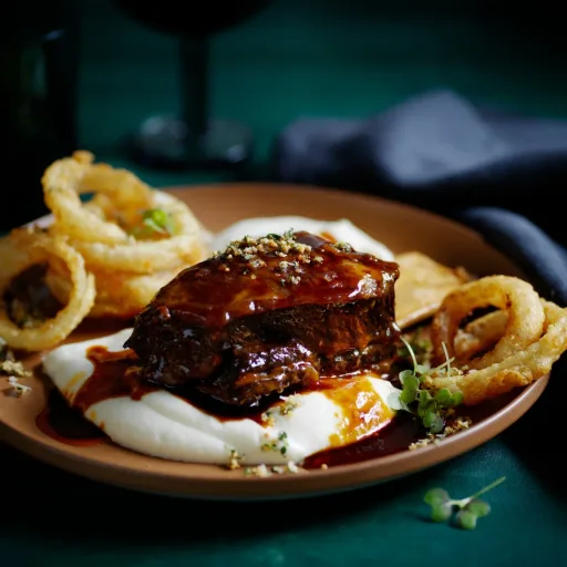 Costillas de ternera estofadas a la cerveza Pilsener con puré de coliflor y aros de cebolla