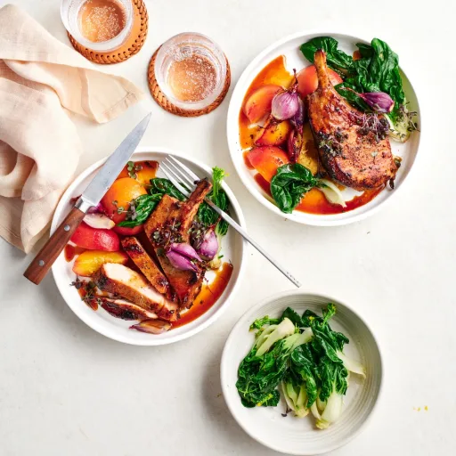 Soy and Chinese hot mustard pork cutlets with roasted peaches