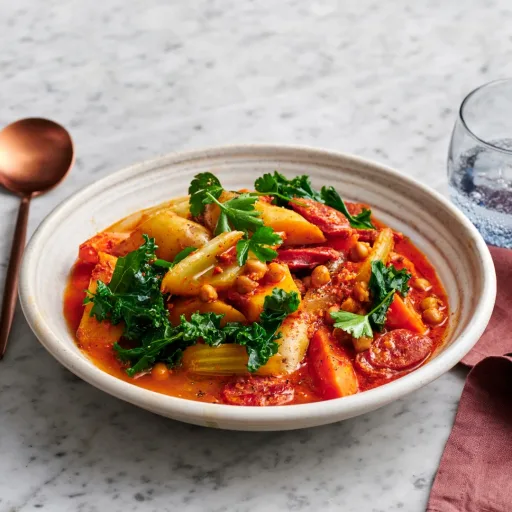 Estofado picante de chorizo y garbanzos con romesco de almendras ahumadas