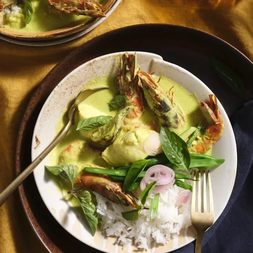 Thai green curry of pink ling, prawns and eggplant