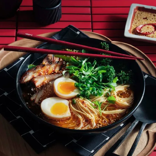 Ramen estilo tonkotsu con panceta de cerdo braseada al estilo rojo y aceite picante rayu