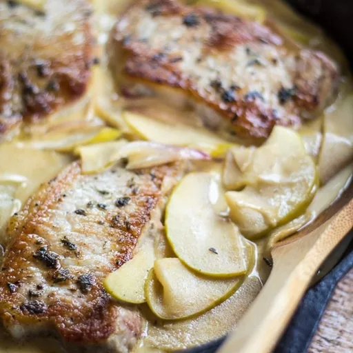 Chuletas de cerdo a la francesa con salsa cremosa de manzana