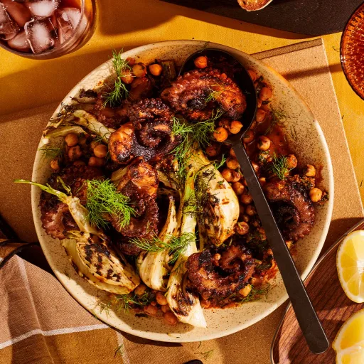 Pulpo a la parrilla con garbanzos estofados y sobrasada de Lennox Hastie