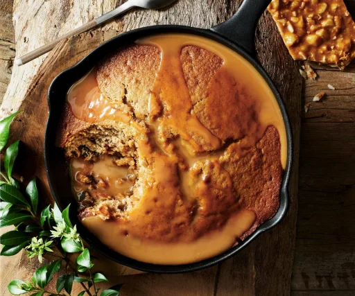 Cinnamon myrtle-spiced sticky date pudding with macadamia brittle