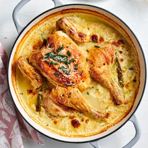 Pollo cocinado en leche con espinacas a la mantequilla