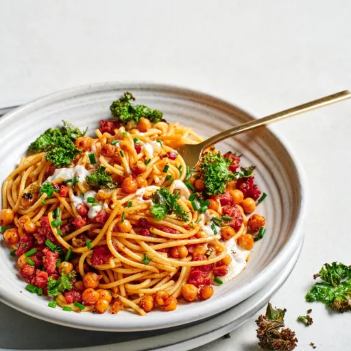 Crisp chorizo and chickpea pasta with harissa and burnt butter yoghurt