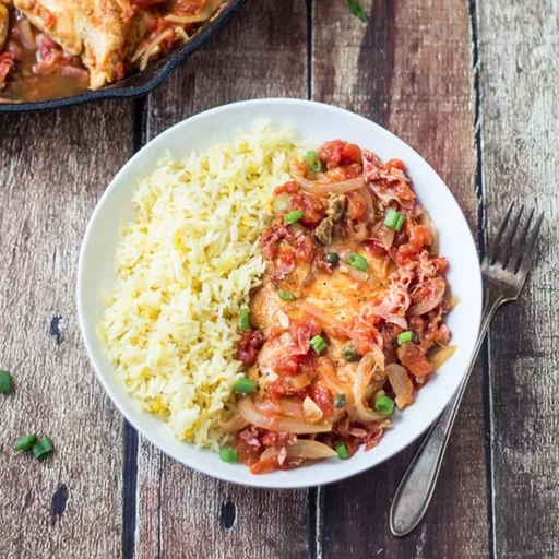 Pollo a la vasca picante con arroz con azafrán