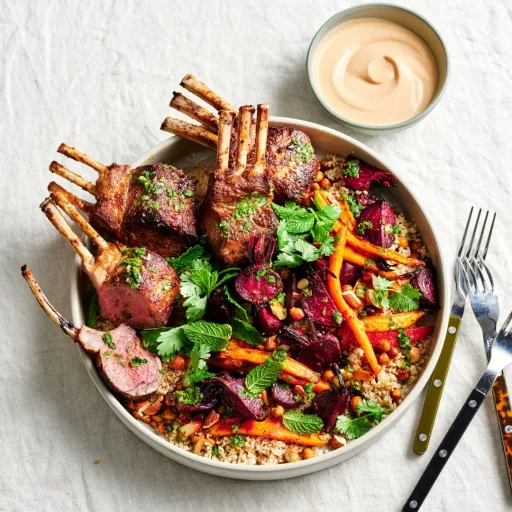 Costillar de cordero especiado con verduras asadas, cuscús y yogur de harissa