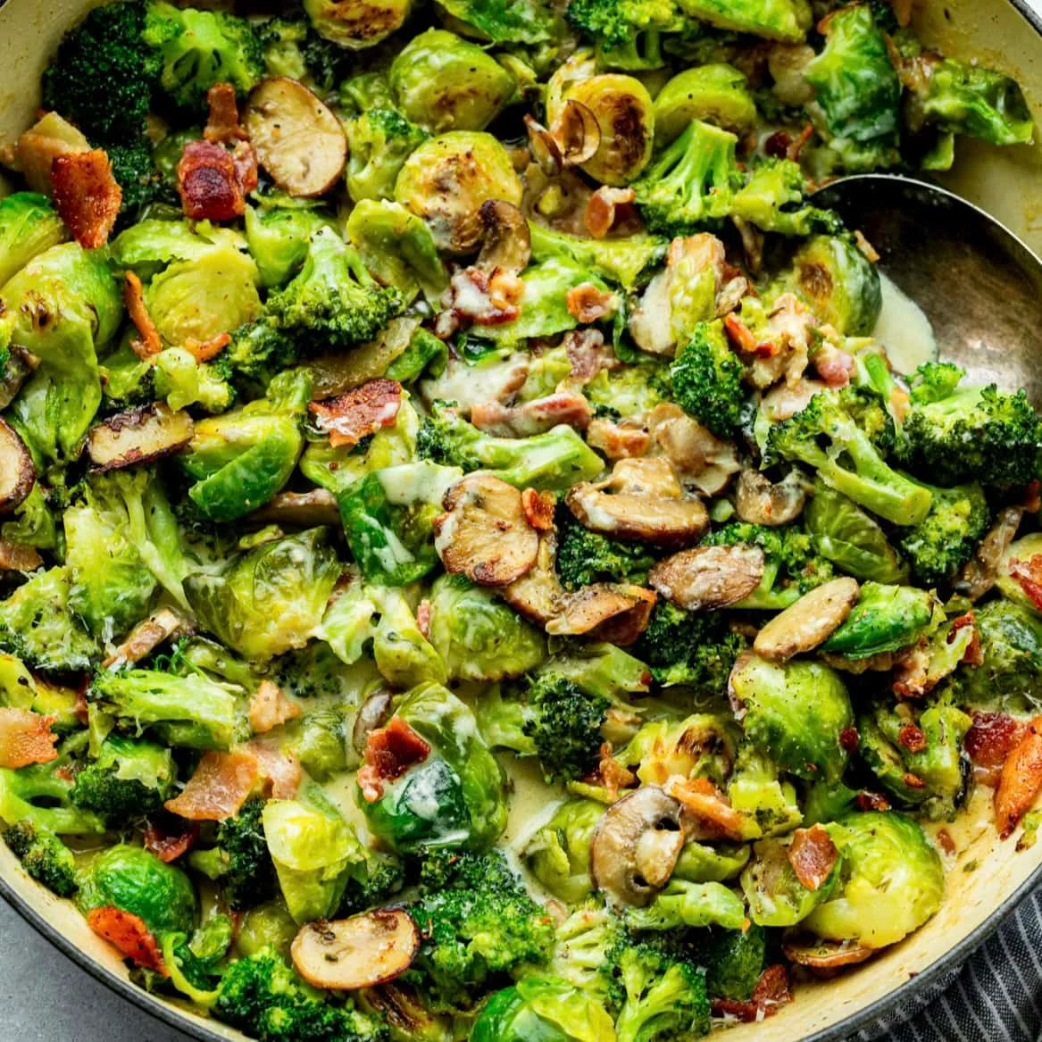 Creamy Garlic Parmesan Brussel Sprouts and Broccoli