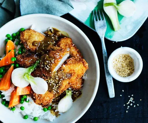 Japanese-style crumbed pork and curry with onion pickles