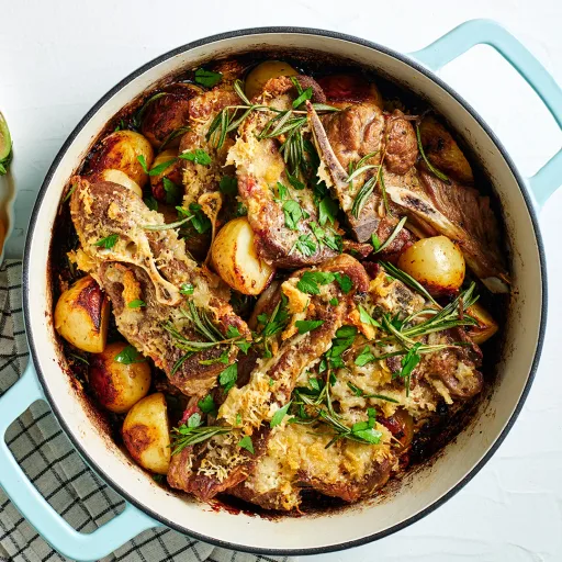 Chuletas de cordero asadas al horno con patatas, pecorino y romero