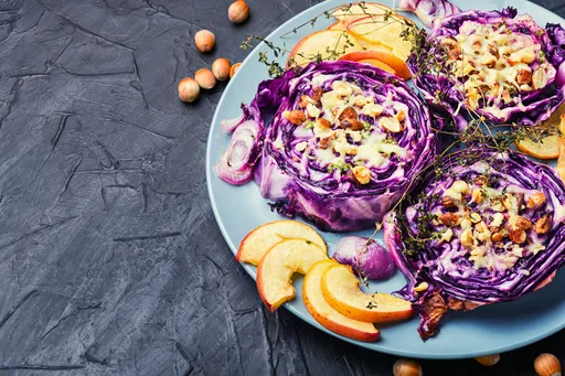 RED CABBAGE STEAKS BAKED WITH APPLES, HAZELNUTS AND FRESH THYME