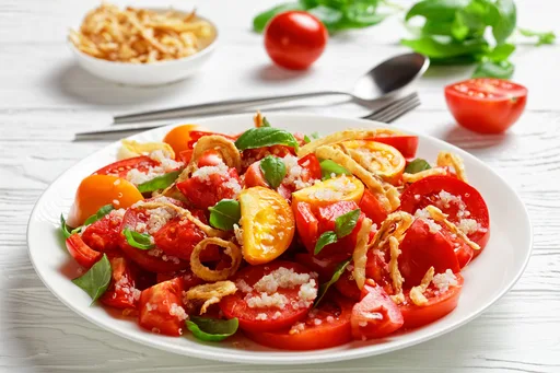 ENSALADA DE TOMATE MADURO CON QUINOA, CEBOLLA CRUJIENTE Y ALBAHACA