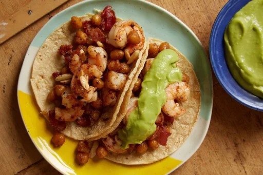 Shrimp, Bacon and Crispy Chickpea Tacos with Salsa de Guacamole
