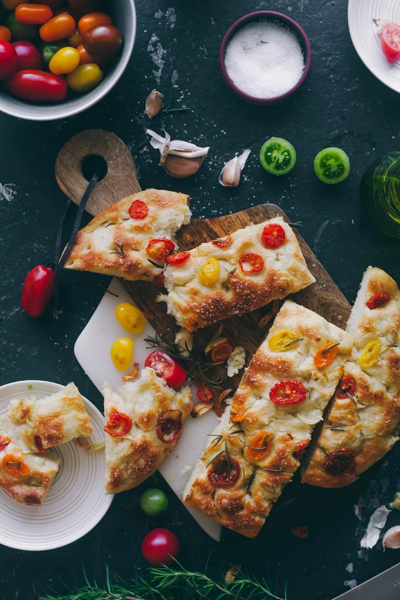 Focaccia Bread with tomato rosemary lemon