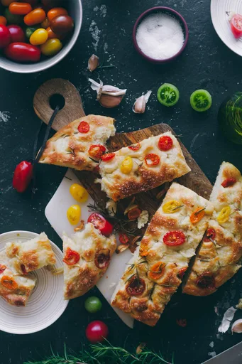Pan de focaccia con tomate, romero y limón