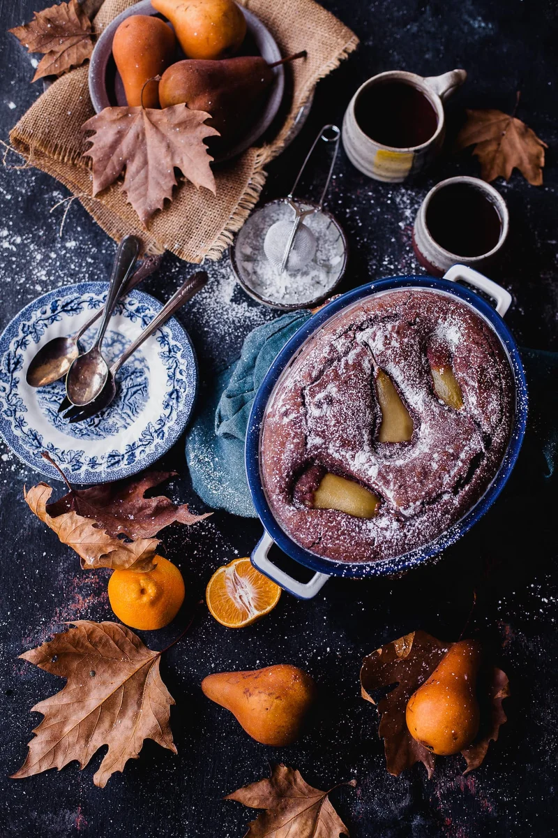 Orange Spiced Poached Pear Chocolate Cake