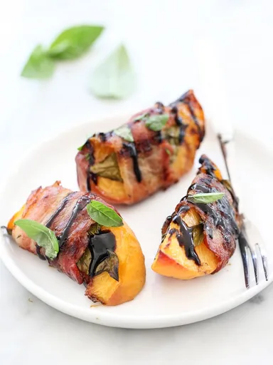 Bacon Wrapped Grilled Peaches with Balsamic Glaze