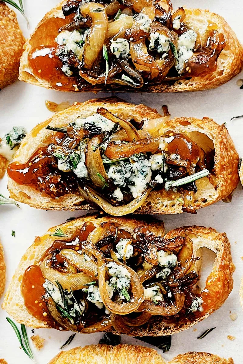 Caramelized Onion Crostini with Fig Jam and Blue Cheese