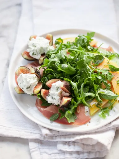 Goat Cheese Stuffed Fig, Melon and Prosciutto Salad