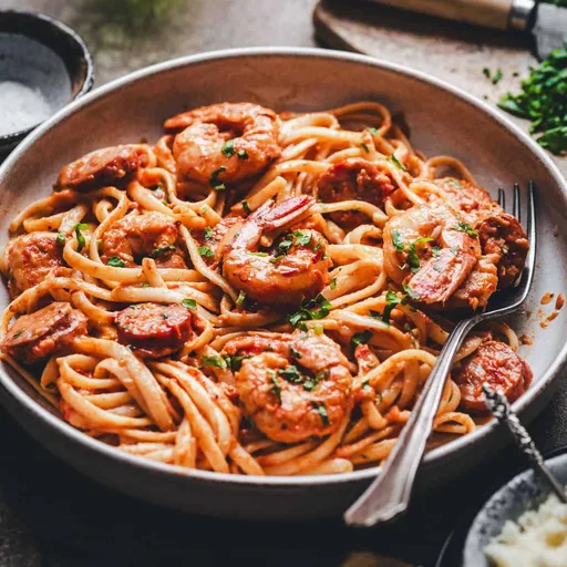 Pasta cajún con gambas y salchicha