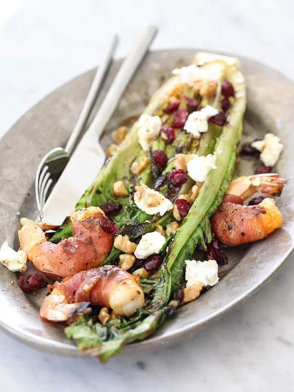 Grilled Romaine Salad with Prosciutto Wrapped Shrimp