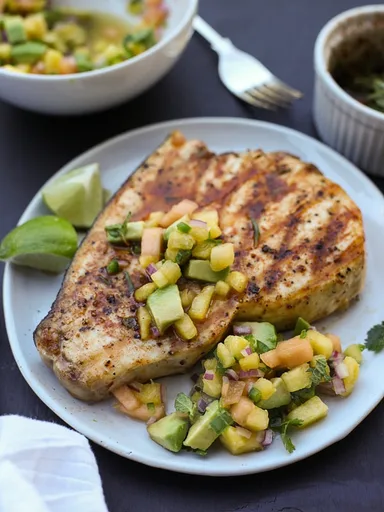 Grilled Swordfish with Smoked Paprika and Herbed Fruit Salsa