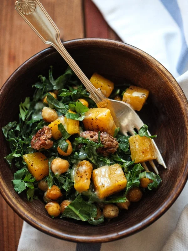 Kale Salad with Butternut Squash, Chickpeas and Tahini Dressing