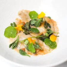 Limpet Dumplings with Dune Spinach, Sea Urchin and Nasturtiums