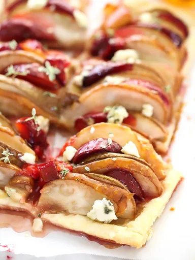 Pear and Plum Puff Pastry Tart with Blue Cheese
