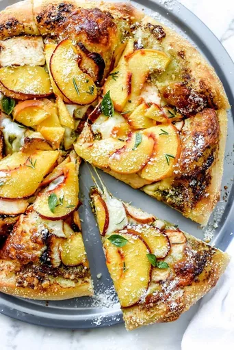 Pesto Pizza with Balsamic Chicken and Peaches