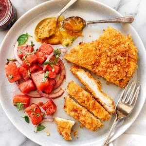 Receta de pollo crujiente con patatas fritas