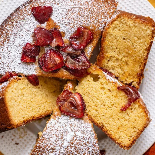 Lemon Olive Oil Cake with Roasted Strawberries