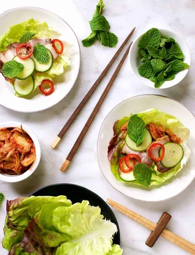 Spicy Pork Belly, Cucumber and Kimchi Lettuce Wraps